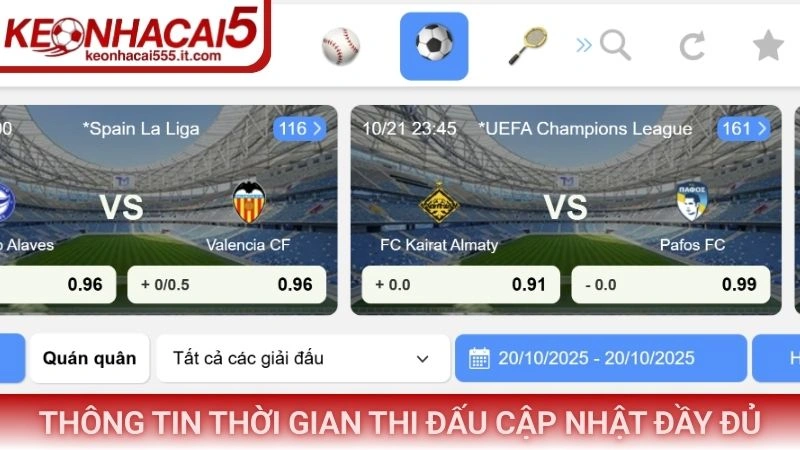 Thông tin thời gian thi đấu cập nhật đầy đủ