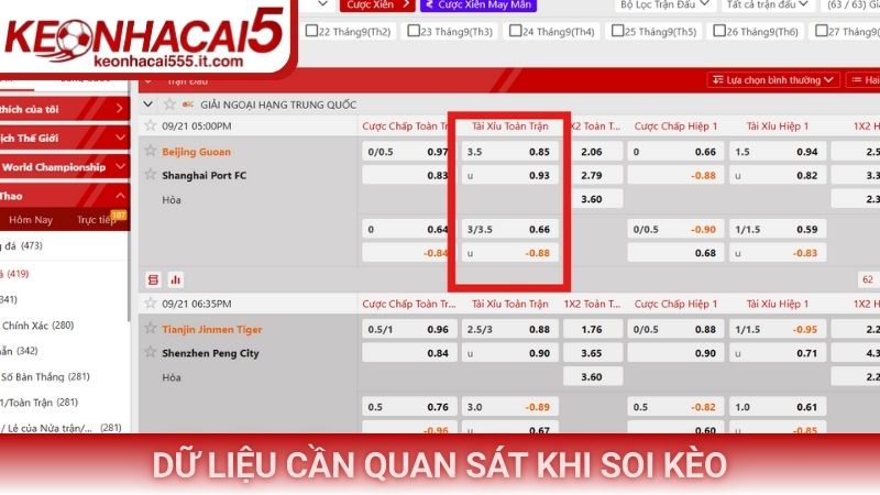 Dữ liệu cần quan sát khi soi kèo